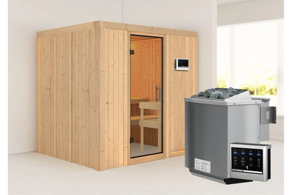 KARIBU Sodin Sauna , Naturbelassen, Fichte, 196x170x198 Cm, Fronteinstieg, Klarglastür, Ofen 4,5 KW Bio Ext. Strg. 3 KARIBU Sodin Sauna , Naturbelassen, Fichte, 196x170x198 Cm, Fronteinstieg, Klarglastür, Ofen 4,5 KW Bio Ext. Strg.