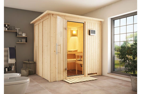 KARIBU Sodin Sauna , Naturbelassen, Fichte, 210x184x202 Cm, Fronteinstieg, Klarglastür U. Kranz, Ofen 4,5 KW Ext. Strg. Easy 3 KARIBU Sodin Sauna , Naturbelassen, Fichte, 210x184x202 Cm, Fronteinstieg, Klarglastür U. Kranz, Ofen 4,5 KW Ext. Strg. Easy