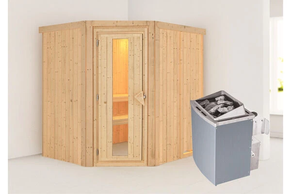 KARIBU Siirin Sauna , Naturbelassen, Fichte, 196x170x198 Cm, Eckeinstieg, Energiespartür, Ofen 4,5 KW Integr. Str. 3 KARIBU Siirin Sauna , Naturbelassen, Fichte, 196x170x198 Cm, Eckeinstieg, Energiespartür, Ofen 4,5 KW Integr. Str.