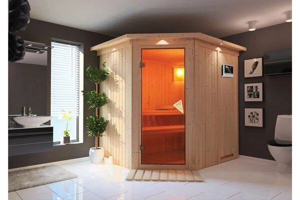 KARIBU Siirin Sauna , Naturbelassen, Fichte, 210x184x202 Cm, Eckeinstieg, Bronzierte Tür U. Kranz, Ofen 4,5 KW Ext. Strg. Easy 3 KARIBU Siirin Sauna , Naturbelassen, Fichte, 210x184x202 Cm, Eckeinstieg, Bronzierte Tür U. Kranz, Ofen 4,5 KW Ext. Strg. Easy