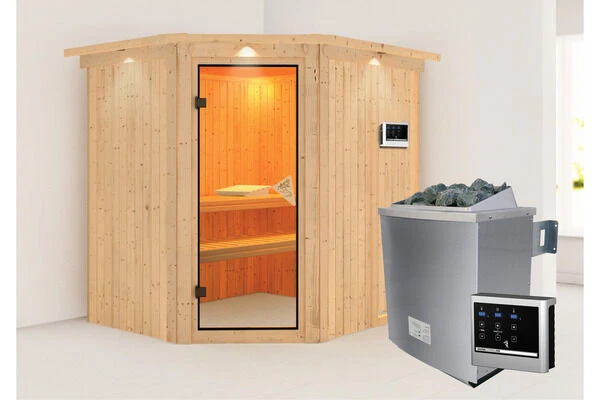 KARIBU Siirin Sauna , Naturbelassen, Fichte, 210x184x202 Cm, Eckeinstieg, Bronzierte Tür U. Kranz, Ofen 4,5 KW Ext. Strg. Easy 4 KARIBU Siirin Sauna , Naturbelassen, Fichte, 210x184x202 Cm, Eckeinstieg, Bronzierte Tür U. Kranz, Ofen 4,5 KW Ext. Strg. Easy – Bild 2