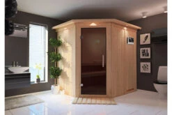 KARIBU Siirin Sauna , Naturbelassen, Fichte, 210x184x202 Cm, Eckeinstieg, Graphitfarbene Tür U.Kranz, Ofen 4,5 KW Bio Ext. Strg.