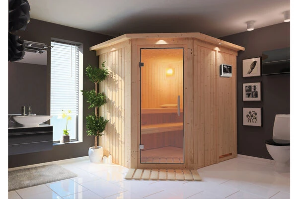 KARIBU Siirin Sauna , Naturbelassen, Fichte, 210x184x202 Cm, Eckeinstieg, Klarglastür U. Kranz, Ofen 4,5 KW Ext. Strg. Easy 3 KARIBU Siirin Sauna , Naturbelassen, Fichte, 210x184x202 Cm, Eckeinstieg, Klarglastür U. Kranz, Ofen 4,5 KW Ext. Strg. Easy