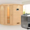 KARIBU Svea Sauna , Naturbelassen, Fichte, 224x160x202 Cm, Energiespartür U. Kranz,Ofen 4,5 KW Bio Ext. Strg.