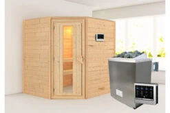 KARIBU Mia Sauna , Naturbelassen, Fichte, 196x170x198 Cm, Energiespartür, Ofen 4,5 KW Bio Ext. Strg. Easy