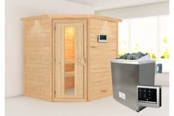 KARIBU Mia Sauna , Naturbelassen, Fichte, 224x184x202 Cm, Energiespartür U. Kranz,Ofen 4,5 KW Ext. Strg. Easy