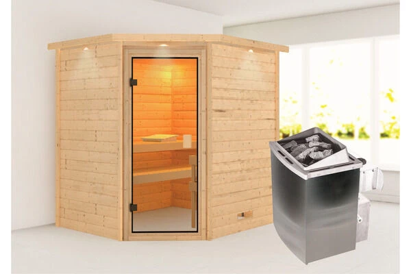 KARIBU Mia Sauna , Naturbelassen, Fichte, 224x184x202 Cm, Bronzierte Tür U. Kranz, Ofen 4,5 KW Integr. Strg. 4 KARIBU Mia Sauna , Naturbelassen, Fichte, 224x184x202 Cm, Bronzierte Tür U. Kranz, Ofen 4,5 KW Integr. Strg. – Bild 2