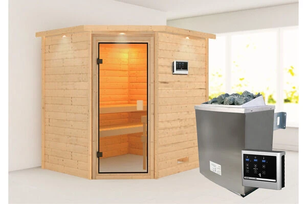 KARIBU Mia Sauna , Naturbelassen, Fichte, 224x184x202 Cm, Bronzierte Tür U. Kranz, Ofen 4,5 KW Ext. Strg. Easy 3 KARIBU Mia Sauna , Naturbelassen, Fichte, 224x184x202 Cm, Bronzierte Tür U. Kranz, Ofen 4,5 KW Ext. Strg. Easy