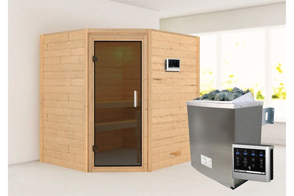 KARIBU Mia Sauna , Naturbelassen, Fichte, 196x170x198 Cm, Graphitfarbene Tür, Ofen 4,5 KW Bio Ext. Strg. Easy 3 KARIBU Mia Sauna , Naturbelassen, Fichte, 196x170x198 Cm, Graphitfarbene Tür, Ofen 4,5 KW Bio Ext. Strg. Easy