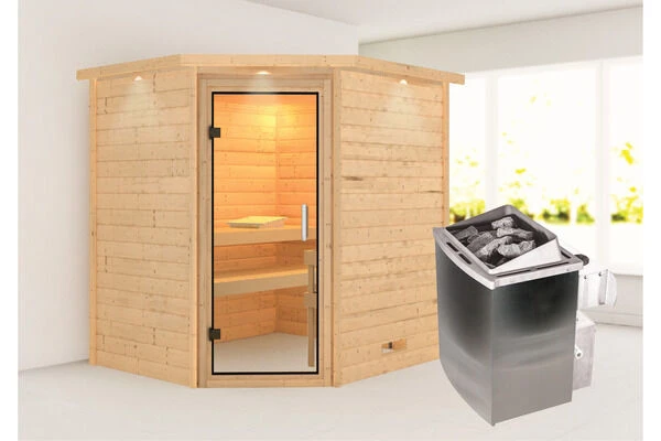 KARIBU Mia Sauna , Naturbelassen, Fichte, 224x184x202 Cm, Klarglastür U. Kranz, Ofen 4,5 KW Integr. Strg. 3 KARIBU Mia Sauna , Naturbelassen, Fichte, 224x184x202 Cm, Klarglastür U. Kranz, Ofen 4,5 KW Integr. Strg.