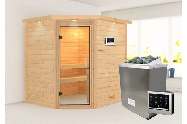 KARIBU Mia Sauna , Naturbelassen, Fichte, 224x184x202 Cm, Klarglastür U. Kranz, Ofen 4,5 KW Bio Ext. Strg. Easy 3 KARIBU Mia Sauna , Naturbelassen, Fichte, 224x184x202 Cm, Klarglastür U. Kranz, Ofen 4,5 KW Bio Ext. Strg. Easy