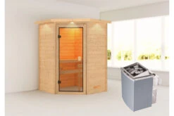 KARIBU Antonia Sauna , Naturbelassen, Fichte, 173x159x191 Cm, Kranz SET, Ofen 4,5 KW Integr. Strg.