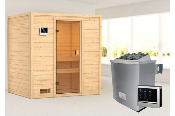KARIBU Selena Sauna , Naturbelassen, Fichte, 195x145x187 Cm,SETOfen 4,5 KW Ext. Strg. Easy 4 KARIBU Selena Sauna , Naturbelassen, Fichte, 195x145x187 Cm,SETOfen 4,5 KW Ext. Strg. Easy – Bild 2