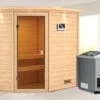 KARIBU Jella Sauna , Naturbelassen, Fichte, 223x159x191 Cm, Kranz SET, Ofen 4,5 KW Bio Ext. Strg. Easy