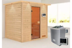 KARIBU Adelina Sauna , Naturbelassen, Fichte, 223x183x191 Cm, Kranz SET, Ofen 4,5 KW Ext. Strg. Easy