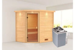 KARIBU Elea Sauna , Naturbelassen, Fichte, 223x183x191 Cm, Kranz SET, Ofen 4,5 KW Integr. Strg.