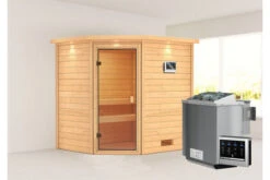 KARIBU Elea Sauna , Naturbelassen, Fichte, 223x183x191 Cm, Kranz SET, Ofen 4,5 KW Bio Ext. Strg. Easy
