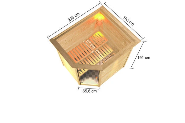 KARIBU Elea Sauna , Naturbelassen, Fichte, 223x183x191 Cm, Kranz SET, Ofen 4,5 KW Bio Ext. Strg. Easy 7 KARIBU Elea Sauna , Naturbelassen, Fichte, 223x183x191 Cm, Kranz SET, Ofen 4,5 KW Bio Ext. Strg. Easy – Bild 5