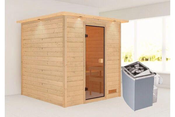KARIBU Jara Sauna , Naturbelassen, Fichte, 223x209x191 Cm, Kranz SET, Ofen 4,5 KW Integr. Strg. 3 KARIBU Jara Sauna , Naturbelassen, Fichte, 223x209x191 Cm, Kranz SET, Ofen 4,5 KW Integr. Strg.