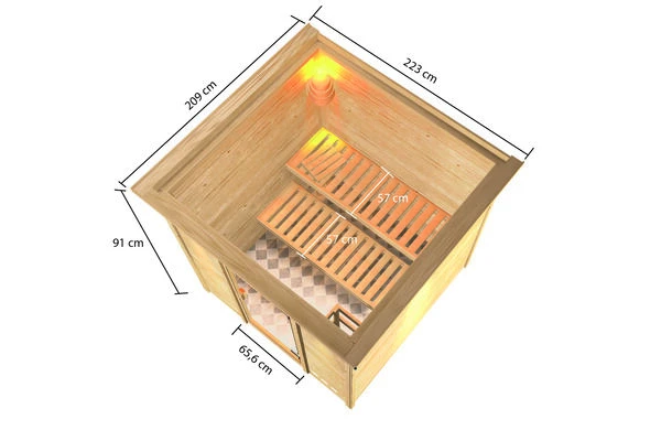 KARIBU Jara Sauna , Naturbelassen, Fichte, 223x209x191 Cm, Kranz SET, Ofen 4,5 KW Integr. Strg. 7 KARIBU Jara Sauna , Naturbelassen, Fichte, 223x209x191 Cm, Kranz SET, Ofen 4,5 KW Integr. Strg. – Bild 5