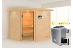 KARIBU Tilda Sauna , Naturbelassen, Fichte, 223x209x191 Cm, Kranz SET, Ofen 4,5 KW Ext. Strg. Easy