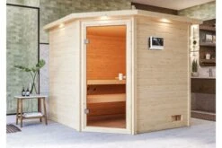 KARIBU Tilda Sauna , Naturbelassen, Fichte, 223x209x191 Cm, Kranz SET, Ofen 4,5 KW Bio Ext. Strg. Easy