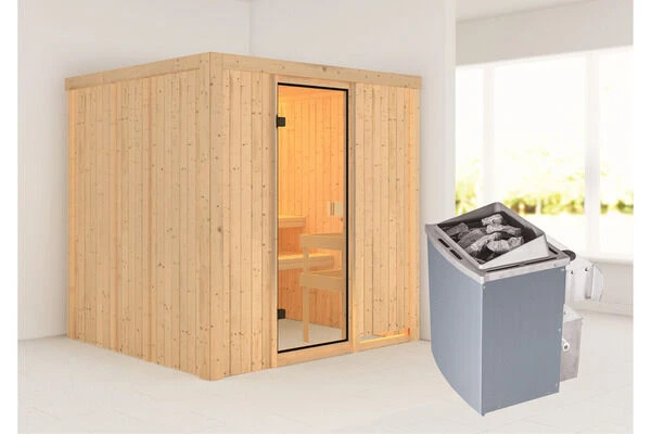 KARIBU Tromsö Sauna , Naturbelassen, Fichte, 196x178x198 Cm,SETOfen 4,5 KW Integr. Strg. 3 KARIBU Tromsö Sauna , Naturbelassen, Fichte, 196x178x198 Cm,SETOfen 4,5 KW Integr. Strg.