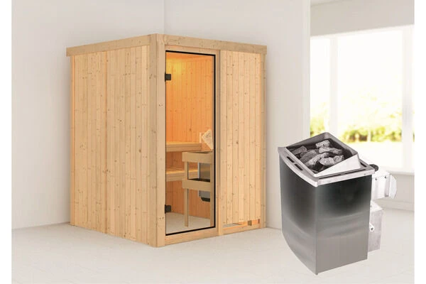 KARIBU Norin Sauna, Naturbelassen, Fichte, 151 X 151 X 198 Cm, Fronteinstieg, Mit Bronzierter Tür, SET Mit Ofen 4,5 KW Integr. Str. 4 KARIBU Norin Sauna, Naturbelassen, Fichte, 151 X 151 X 198 Cm, Fronteinstieg, Mit Bronzierter Tür, SET Mit Ofen 4,5 KW Integr. Str. – Bild 2