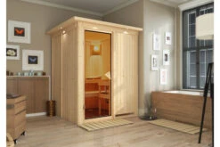 KARIBU Norin Sauna, Naturbelassen, Fichte, 165 X 165 X 202 Cm, Fronteinstieg, Mit Bronzierter Tür Und Kranz, SET Mit Ofen 4,5 KW Integr. Str.