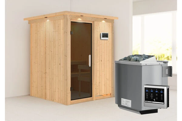 KARIBU Norin Sauna, Naturbelassen, Fichte, 165 X 165 X 202 Cm, Fronteinstieg,mit Graphitfarbener Tür Und Kranz, SET Mit Ofen 4,5 KW Bio Ext. Strg. 4 KARIBU Norin Sauna, Naturbelassen, Fichte, 165 X 165 X 202 Cm, Fronteinstieg,mit Graphitfarbener Tür Und Kranz, SET Mit Ofen 4,5 KW Bio Ext. Strg. – Bild 2