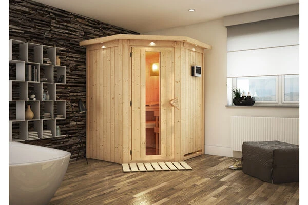 KARIBU Larin Sauna, Naturbelassen, Fichte, 165 X 165 X 202 Cm, Eckeinstieg, Mit Energiespartür Und Kranz, SET Mit Ofen 4,5 KW Ext. Strg. Easy 3 KARIBU Larin Sauna, Naturbelassen, Fichte, 165 X 165 X 202 Cm, Eckeinstieg, Mit Energiespartür Und Kranz, SET Mit Ofen 4,5 KW Ext. Strg. Easy