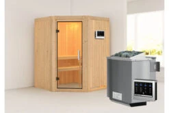 KARIBU Larin Sauna, Naturbelassen, Fichte, 151 X 151 X 198 Cm, Eckeinstieg, Mit Klarglastür,SET Mit Ofen 4,5 KW Bio Ext. Strg.