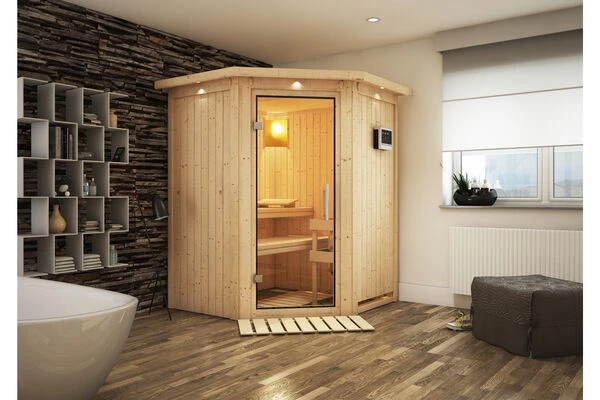 KARIBU Larin Sauna, Naturbelassen, Fichte, 165 X 165 X 202 Cm, Eckeinstieg, Mit Klarglastür Und Kranz,SET Mit Ofen 4,5 KW Ext. Strg. Easy 3 KARIBU Larin Sauna, Naturbelassen, Fichte, 165 X 165 X 202 Cm, Eckeinstieg, Mit Klarglastür Und Kranz,SET Mit Ofen 4,5 KW Ext. Strg. Easy