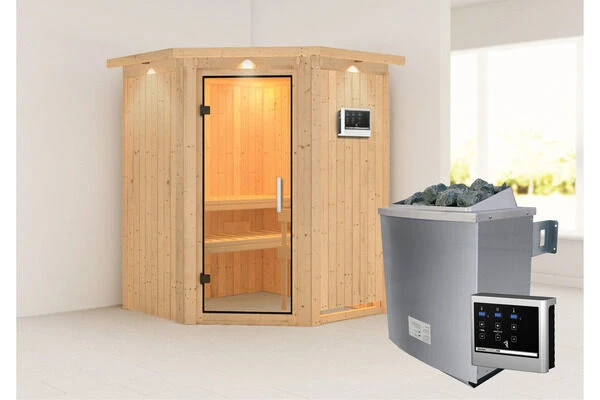 KARIBU Larin Sauna, Naturbelassen, Fichte, 165 X 165 X 202 Cm, Eckeinstieg, Mit Klarglastür Und Kranz,SET Mit Ofen 4,5 KW Ext. Strg. Easy 4 KARIBU Larin Sauna, Naturbelassen, Fichte, 165 X 165 X 202 Cm, Eckeinstieg, Mit Klarglastür Und Kranz,SET Mit Ofen 4,5 KW Ext. Strg. Easy – Bild 2
