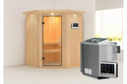KARIBU Larin Sauna, Naturbelassen, Fichte, 165 X 165 X 202 Cm, Eckeinstieg, Mit Klarglastür Und Kranz, SET Mit Ofen 4,5 KW Bio Ext. Strg. -Kettler Verkaufs-Shop 30914 6 02.jpg