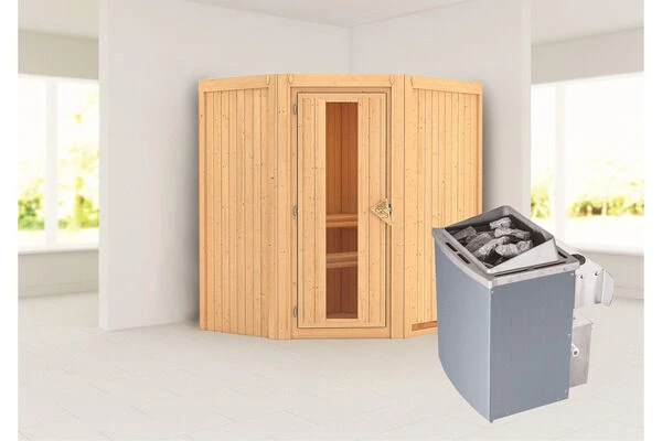 KARIBU Taurin Sauna, Naturbelassen, Fichte, 170 X 151 X 198 Cm, Eckeinstieg, Mit Energiespartür, SET Mit Ofen 4,5 KW Integr. Str. 3 KARIBU Taurin Sauna, Naturbelassen, Fichte, 170 X 151 X 198 Cm, Eckeinstieg, Mit Energiespartür, SET Mit Ofen 4,5 KW Integr. Str.