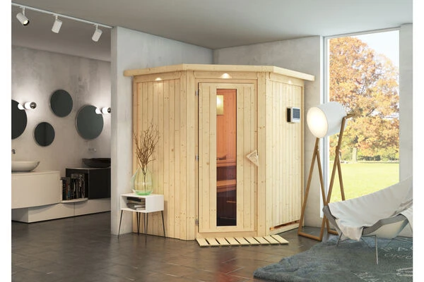 KARIBU Taurin Sauna, Naturbelassen, Fichte, 184 X 165 X 202 Cm, Eckeinstieg, Mit Energiespartür Und Kranz, SET Mit Ofen 4,5 KW Bio Ext. Strg. 3 KARIBU Taurin Sauna, Naturbelassen, Fichte, 184 X 165 X 202 Cm, Eckeinstieg, Mit Energiespartür Und Kranz, SET Mit Ofen 4,5 KW Bio Ext. Strg.