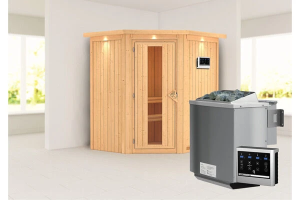 KARIBU Taurin Sauna, Naturbelassen, Fichte, 184 X 165 X 202 Cm, Eckeinstieg, Mit Energiespartür Und Kranz, SET Mit Ofen 4,5 KW Bio Ext. Strg. 4 KARIBU Taurin Sauna, Naturbelassen, Fichte, 184 X 165 X 202 Cm, Eckeinstieg, Mit Energiespartür Und Kranz, SET Mit Ofen 4,5 KW Bio Ext. Strg. – Bild 2