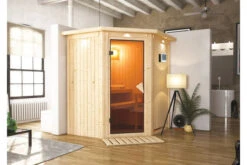 KARIBU Taurin Sauna, Naturbelassen, Fichte, 184 X 165 X 202 Cm, Eckeinstieg,mit Bronzierter Tür Und Kranz, SET Mit Ofen 4,5 KW Ext. Strg. Easy