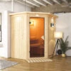 KARIBU Taurin Sauna, Naturbelassen, Fichte, 184 X 165 X 202 Cm, Eckeinstieg,mit Bronzierter Tür Und Kranz, SET Mit Ofen 4,5 KW Bio Ext. Strg.