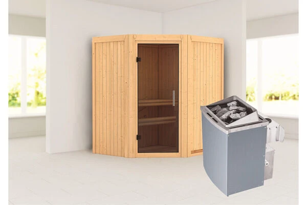 KARIBU Taurin Sauna, Naturbelassen, Fichte, 170 X 151 X 198 Cm, Eckeinstieg, Mit Graphitfarbener Tür, SET Mit Ofen 4,5 KW Integr. Str. 3 KARIBU Taurin Sauna, Naturbelassen, Fichte, 170 X 151 X 198 Cm, Eckeinstieg, Mit Graphitfarbener Tür, SET Mit Ofen 4,5 KW Integr. Str.