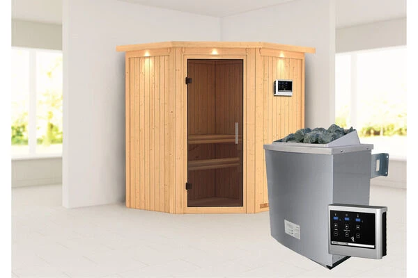 KARIBU Taurin Sauna, Naturbelassen, Fichte, 184 X 165 X 202 Cm, Eckeinstieg, Graphitfarbener Tür Und Kranz SET, Mit Ofen 4,5 KW Ext. Strg. Easy 4 KARIBU Taurin Sauna, Naturbelassen, Fichte, 184 X 165 X 202 Cm, Eckeinstieg, Graphitfarbener Tür Und Kranz SET, Mit Ofen 4,5 KW Ext. Strg. Easy – Bild 2