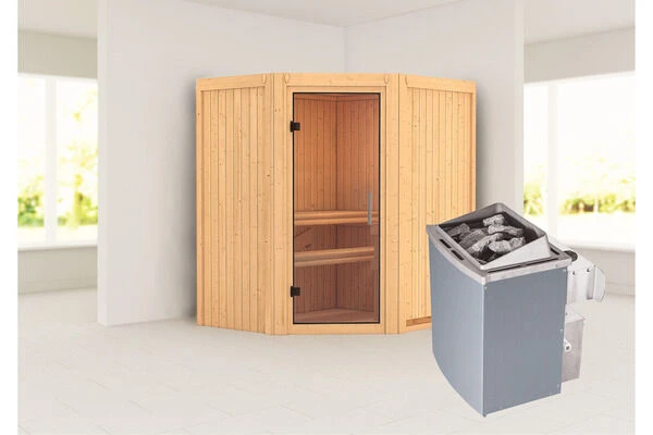 KARIBU Taurin Sauna, Naturbelassen, Fichte, 170 X 151 X 198 Cm, Eckeinstieg, Mit Klarglastür, SET Mit Ofen 4,5 KW Integr. Str. 3 KARIBU Taurin Sauna, Naturbelassen, Fichte, 170 X 151 X 198 Cm, Eckeinstieg, Mit Klarglastür, SET Mit Ofen 4,5 KW Integr. Str.