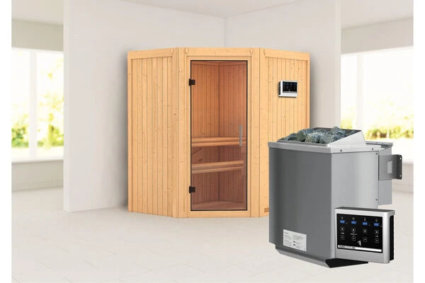 KARIBU Taurin Sauna, Naturbelassen, Fichte, 170 X 151 X 198 Cm, Eckeinstieg, Mit Klarglastür,SET Mit Ofen 4,5 KW Bio Ext. Strg. 3 KARIBU Taurin Sauna, Naturbelassen, Fichte, 170 X 151 X 198 Cm, Eckeinstieg, Mit Klarglastür,SET Mit Ofen 4,5 KW Bio Ext. Strg.