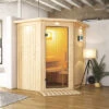 KARIBU Taurin Sauna, Naturbelassen, Fichte, 184 X 165 X 202 Cm, Eckeinstieg, Mit Klarglastür Und Kranz, SET Mit Ofen 4,5 KW Ext. Strg. Easy -Kettler Verkaufs-Shop 30918 5 01.jpg