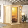 KARIBU Taurin Sauna, Naturbelassen, Fichte, 184 X 165 X 202 Cm, Eckeinstieg, Mit Klarglastür Und Kranz, SET Mit Ofen 4,5 KW Bio Ext. Strg.