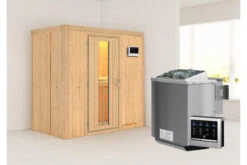 KARIBU Variado Sauna, Naturbelassen, Fichte, 196 X 118 X 198 Cm, Fronteinstieg, Mit Energiespartür, SET Mit Ofen 4,5 KW Bio Ext. Strg.