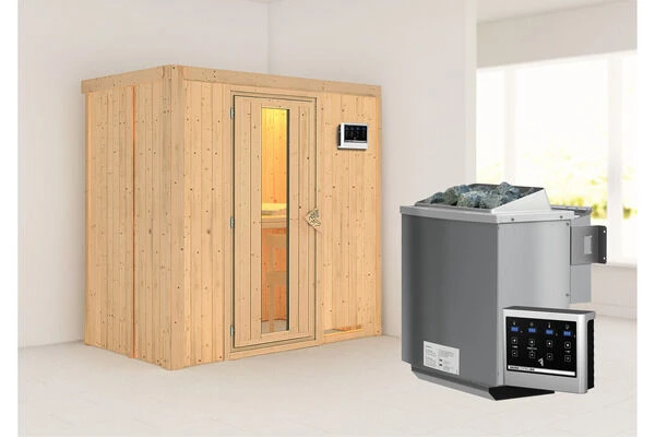 KARIBU Variado Sauna, Naturbelassen, Fichte, 196 X 118 X 198 Cm, Fronteinstieg, Mit Energiespartür, SET Mit Ofen 4,5 KW Bio Ext. Strg. 3 KARIBU Variado Sauna, Naturbelassen, Fichte, 196 X 118 X 198 Cm, Fronteinstieg, Mit Energiespartür, SET Mit Ofen 4,5 KW Bio Ext. Strg.