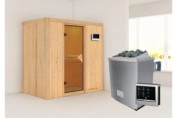 KARIBU Variado Sauna, Naturbelassen, Fichte, 196 X 118 X 198 Cm, Fronteinstieg, Mit Bronzierter Tür, SET Mit Ofen 4,5 KW Ext. Strg. Easy 3 KARIBU Variado Sauna, Naturbelassen, Fichte, 196 X 118 X 198 Cm, Fronteinstieg, Mit Bronzierter Tür, SET Mit Ofen 4,5 KW Ext. Strg. Easy