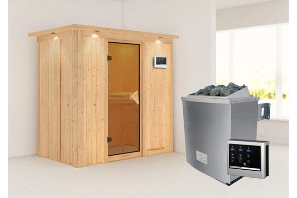 KARIBU Variado Sauna, Naturbelassen, Fichte, 210 X 132 X 202 Cm, Fronteinstieg,mit Bronzierter Tür Und Kranz, SET Mit Ofen 4,5 KW Ext. Strg. Easy 4 KARIBU Variado Sauna, Naturbelassen, Fichte, 210 X 132 X 202 Cm, Fronteinstieg,mit Bronzierter Tür Und Kranz, SET Mit Ofen 4,5 KW Ext. Strg. Easy – Bild 2